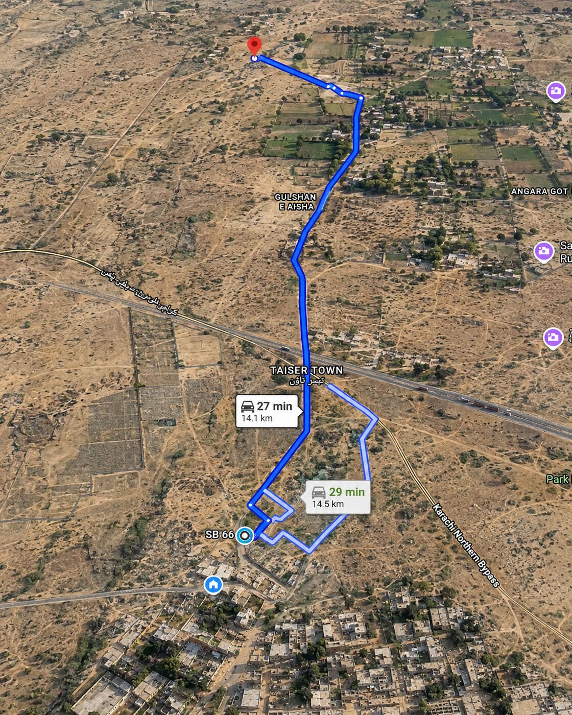 Satellite route map to The Cattle City across the Karachi Northern Bypass
